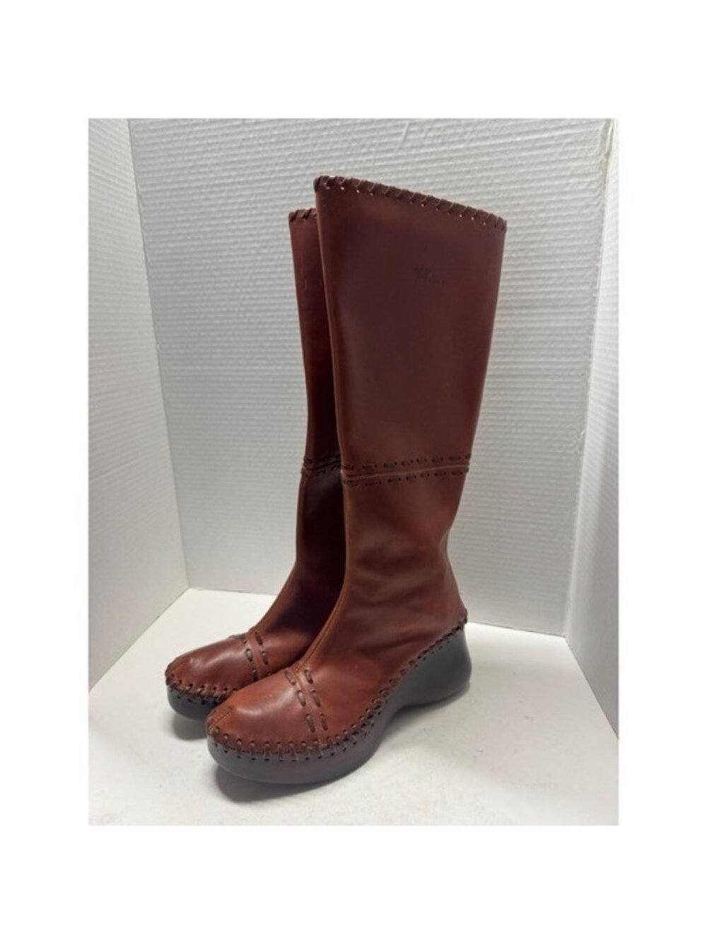 Vintage Y2K Cristina Italian Leather Whipstitch Platform Tall Boots Brown 38 7.5